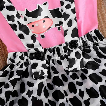 1-5 Metų Gyvūnų marškinėliai+Polka Dot Pieninių Karvių Spausdinti Suspender Sijonas Nustatyti 1047 Bamblys Vaikams Mergaitėms, Rausvos spalvos, Vaikų Drabužiai Rinkinys