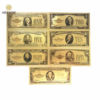 1 Nustatyti Metalo Spalvos paauksuoti JAV Doleris Vekseliai BANKNOTŲ 7pcs1,2,5,10,20,50,100 Aukso Banknotų Gražus Namų Puošybai Banknotų Dovana