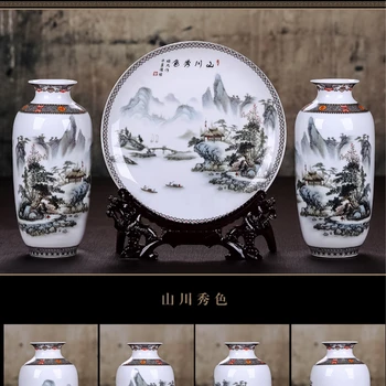 1 Nustatyti Šiuolaikinės Kinų Jingdezhen Stalo Papuošimas, Gėlių Vazos ir Lėkštės su Stander Keramikos Vaza Apdailos Porceliano Vaza