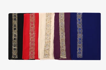 1 Vnt moterų Nėriniais, Šifono Šilko Aukso Karoliukai Šalikas Blizgučiai Gėlių Paprasto Hijab Musulmonų Pearl Gražus 9 Spalvos kaklaskarės/skaros 180*85cm