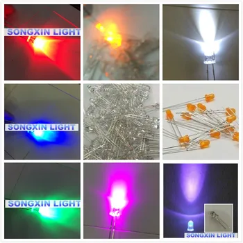 1000pcs 3mm led lempa raudona/žalia/mėlyna/geltona/balta/rožinė/uv-raudonos/oranžinės, geltonos 3mm šviesos diodai Turas Vanduo skaidrus, Šviesos diodai