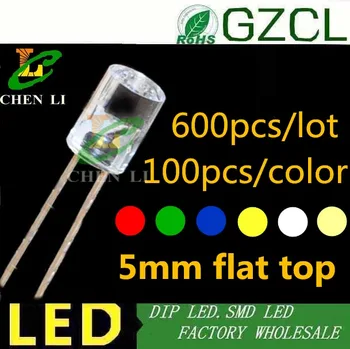 100vnt/color 5mm DIP LED raudona/žalia/mėlyna/geltona/balta/šiltai balta be fringe flat top led vanduo skaidrus LED šviesos diodas