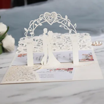 100vnt Europos pjovimas Lazeriu Vestuvių Kvietimai, Kortelės 3D Tri-Fold Nėrinių Širdies Elegantiškas Atvirukai Vestuves Naudai Apdaila