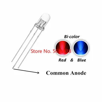 100vnt F5 5mm Bicolor chip LED Raudona + Mėlyna Bendro Anodo Vanduo skaidrus Dviguba Spalvų Led Apvalus priekinio Žibinto Šviesos Karoliukai raudona+mėlyna R+B