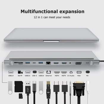 12 1 USB C HUB C Tipo su 4K HDMI VGA 3.5 mm Audio USB3.0 USB2.0 RJ45 TF/SD Kortelių Skaitytuvas PD Charing Adapteris, skirtas 