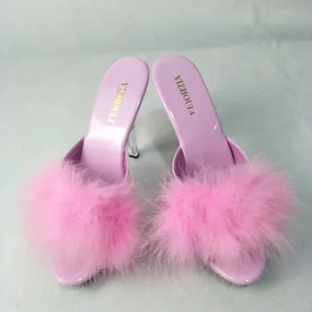 13 cm aukščio stiklo šlepetė, mados sandalai, rožinė plunksna papuošta viršutinė modelio polių šokio spektaklis šlepetės