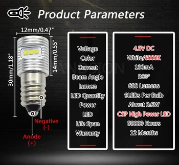 1PC E10 Varžtas LED Žibintuvėlis Lempos DC3V 4.5 V Ne poliškumas 6-24V Led Lemputės Pakeitimas Žibintuvėlis SPT 1616 žetonų Žibinto lemputė Balta