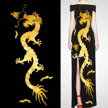 1Pcs Super Didelis Golden China Dragon Aplikacijos Kinijos Išsiuvinėti Dragon Pleistrai Akių Audinio Siuvimo, Drabužių Suknelė Pleistras 