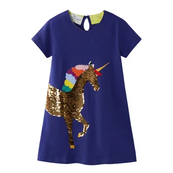 2-7 Metų Mergina Suknelė Embroideried su Vienaragio Sequines T-Shirt, Suknelė Bamblys Vaikų Vasaros Aprangą Princesė Šalis Suknelė