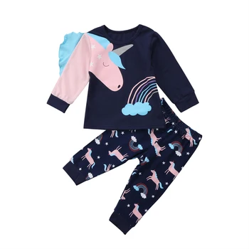 2 Vnt Mergaitės Drabužių Rinkinius Kūdikio Vaikai Girls Cartoon Vienaragis T-Shirt Viršuje Kelnės, Komplektai, naktiniai marškiniai, pižamos Homewear 1-6T