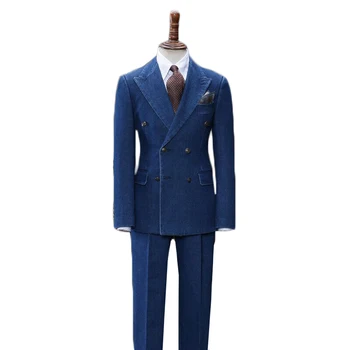 2 Vnt Oksfordo Vyrų Kostiumai Mėlyna Gražus Custom Made Man Tinka Atsitiktinis Šiuolaikinės Tuxedos Pasiekė Atvartas Švarkas Verslo Kailis+Ziajać