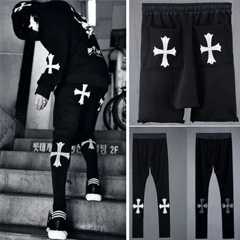 2016 Nauji vyriški drabužiai plonas liesas kelnės mados kryžiaus basic print dirbtiniais dviejų dalių vyriškos laisvalaikio kelnės dainininkas kostiumai