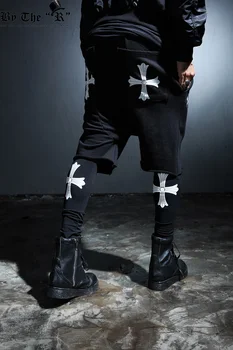 2016 Nauji vyriški drabužiai plonas liesas kelnės mados kryžiaus basic print dirbtiniais dviejų dalių vyriškos laisvalaikio kelnės dainininkas kostiumai