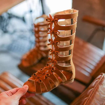 2018 Karšto Mados Vaikų High-Top sandalai Vasarą Romos Aukštos viršų batai gladiatorių Aksomo bateliai mergaitėms atidaryti tne kūdikių paplūdimio bateliai