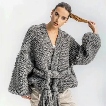 2018 m. rudens ir žiemos naujas rankų darbo, austas kutas dirželiai, žibintai rankovėmis megztinis kailis moteris