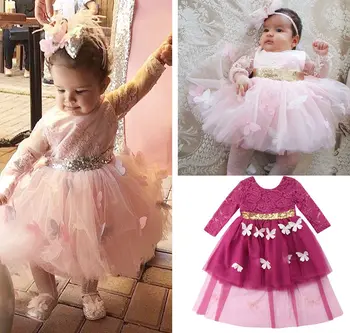 2018 m. visiškai Naujas Princess Oficialią Šalies Bamblys Kūdikių Mergaičių Suknelė ilgomis Rankovėmis Nėriniai Gėlės Lankas Šifono Drugelis Tutu Suknelė 1-6Y