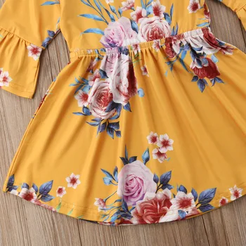 2018 Nauja Vasaros Mielas Princesė Suknelė 1-6Y Bamblys Kūdikių Mergaitės, Ilgas Rankovėmis Varpo Gėlių-Line Kelio Ilgis Geltona Suknelė
