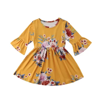 2018 Nauja Vasaros Mielas Princesė Suknelė 1-6Y Bamblys Kūdikių Mergaitės, Ilgas Rankovėmis Varpo Gėlių-Line Kelio Ilgis Geltona Suknelė