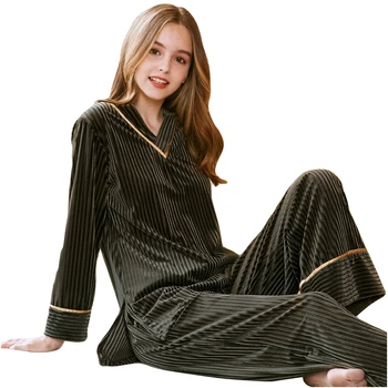 2018 Naują Atvykimo Moterų Twinset Veliūras Pižama Nustatyti Ilgomis Rankovėmis Leng Kelnės V-Kaklo Sleepwear Rudens Mados Kvėpuojantis Pižamos
