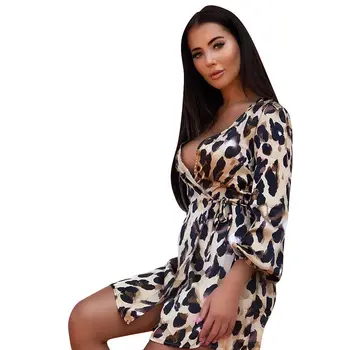 2018NEW Moterų Sexy Ilgio Sluoksniuotos Rankovėmis Giliai V-nevk Bodycon Nėrinių Padalinta Trumpa Mini Suknelė Leopard Šalies Klubas Vakarą Vestido