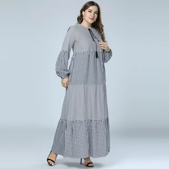 2019 Abaja Musulmonų Suknelė Dryžuota & Pledas Kratinys Dubajus abaja kaftan islamo raišteliu suknelės Moterims vestidos Pilka 3XL 4XL