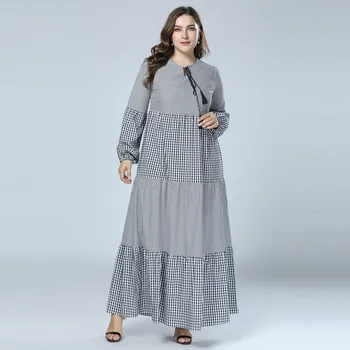 2019 Abaja Musulmonų Suknelė Dryžuota & Pledas Kratinys Dubajus abaja kaftan islamo raišteliu suknelės Moterims vestidos Pilka 3XL 4XL