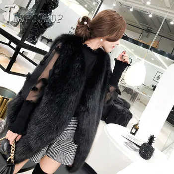 2019 Dirbtiniais Fox Fur Moterų Liemenės Žiemos Rankovių Prarasti Elegantiškas Moteris Outwear