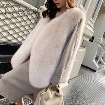 2019 Dirbtiniais Fox Fur Moterų Liemenės Žiemos Rankovių Prarasti Elegantiškas Moteris Outwear