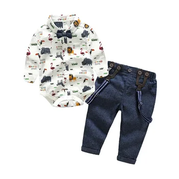 2019 Džentelmenas berniuko drabužių rinkinius, kūdikių drabužiai, Kūdikių Kombinezonas Berniukams, medvilnės peteliškę+bodysuits+Suspender kelnės kūdikiui 3pcs rinkinys