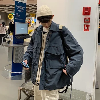 2019 Japonų Stiliaus vyriški Karinės Užtrauktukas Darbo Drabužių Streetwear Bombonešis Striukė Prarasti Viršutiniai drabužiai Kailis Žalias/mėlynas Švarkelis