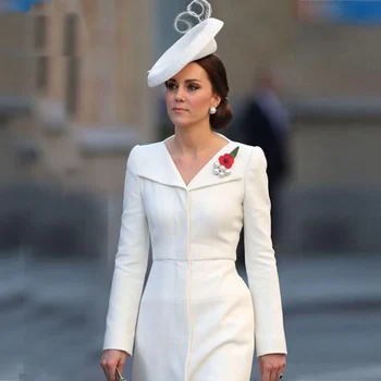 2019 M. Pavasarį Kate Middleton Princesė Balta Suknelė Kietas Turn-Žemyn Apykaklės A-Line Dresses