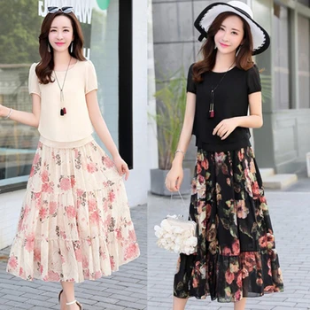 2019 m. Vasarą Šifono Suknelė Moterims, Elegantiškas Trumpas Rankovės Gėlių Spausdinti Plisuotos Suknelė Ponios Paplūdimio Suknelė 2 vnt