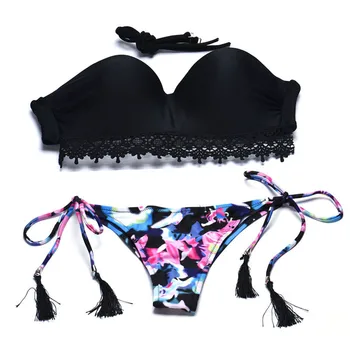 2019 Moterų Bikini Rinkinys Sexy Liemenėlė Gėlių maudymosi kostiumėlis mergaitėms, Push-up maudymosi Kostiumėliai, Juoda moterų plaukimo kostiumas costumi da donna bagno