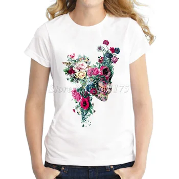 2019 Moterų Mados Gėlių Kaukolė Dizaino Trumpas Rankovės marškinėliai Moteriška Fantastinis Spausdinti Viršūnes Atsitiktinis Tees