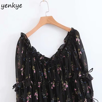 2019 Moterų Vintage Black Gėlių Spausdinti Šifono Suknelė Elegantiška Panele Kvadratinių Kaklo Sluoksniuotos Rankovėmis Asimetrija Romantiškas Vasaros Šalis Suknelė