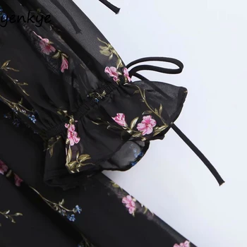 2019 Moterų Vintage Black Gėlių Spausdinti Šifono Suknelė Elegantiška Panele Kvadratinių Kaklo Sluoksniuotos Rankovėmis Asimetrija Romantiškas Vasaros Šalis Suknelė