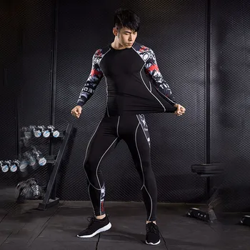 2019 Nauja Fitneso Vyrų Rinkiniai Gryna juoda Suspaudimo Marškinėliai + Antblauzdžiai Bazės Sluoksnis Prekės ilgomis Rankovėmis Marškinėliai Drabužių Rinkinys
