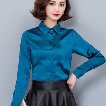 2019 naujas Povas mėlyna Satino Marškinėliai Moterims ilgomis rankovėmis šilko Palaidinukės moterims darbe dėvėti uniformos office marškinėliai paprasta kūno Šifono viršų