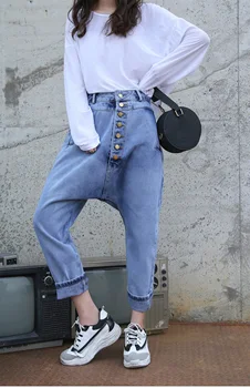 2019 Naujų Korėjos Stiliaus Ridikas Paaukštintu Liemeniu Džinsai Moteris Prarasti Atsitiktinis Single-Breasted Ruožas Džinsinio Audinio Kelnės