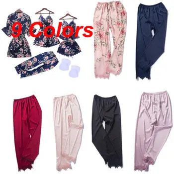 2019 Naujų Seksualių Moterų Šilko Satino Pižama Sleepwear Naktiniai Drabužiai Loungewear Ilgos Kelnės Homewear