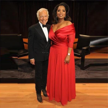 2019 Oprah Winfrey Off Peties Plus Size Vakaro Suknelės 3/4 Long Sleeve Ruched Raudono Šifono Promenadzie Suknelė Motina Nuotakos Suknelės
