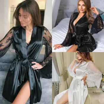 2019 Sexy Hot Moterų Per Akies Apatinis Trikotažas Vonios Chalatas, Kontrasto Spalvų Blakstienų Gėlių Nėrinių Kratinys Pižamą Satino Diržas Sleepwear