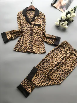2019 Vasaros Moterų Pižama Rinkiniai Su Šilko Kelnės Homewear Satino Leopardas Spausdinti Seksualus Pijama Ilgomis Rankovėmis Pižamos Plonas Sleepwear
