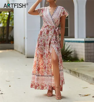 2019 Vasaros Suknelė Indie Folk Moterų Sexy Spausdinti Lankas Holiday Beach Wrap Suknelės V-Kaklo Boho Suknelė Elegantiškas Šalis Sundress M0511