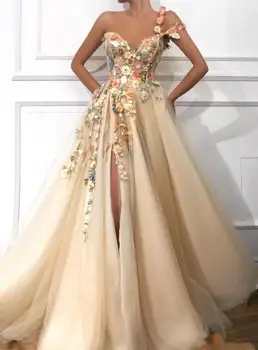 2019 Vieną Petį Tiulio Ilgai Prom Chalatai Oficialią Suknelės 3D Gėlių Nėrinių Aplikacijos Zawalcowany Padalinta Grindų Ilgis Vakare Šalis Suknelė