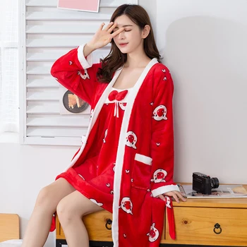 2019Women Diržas Šiltas Flanelė Sleepwear Žiemą 2 Peices naktiniai drabužiai Moterims ilgomis Rankovėmis Kvėpuojantis Seksualus Apdaras Homewear SleepDress