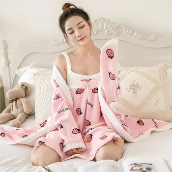 2019Women Diržas Šiltas Flanelė Sleepwear Žiemą 2 Peices naktiniai drabužiai Moterims ilgomis Rankovėmis Kvėpuojantis Seksualus Apdaras Homewear SleepDress