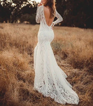 2020 elegantiškas nėrinių ilgomis rankovėmis Boho merimaid vestuvių suknelė, ilgas traukinys seksuali V backless plius dydis vestuvių suknelė nuotakos suknelė 4186