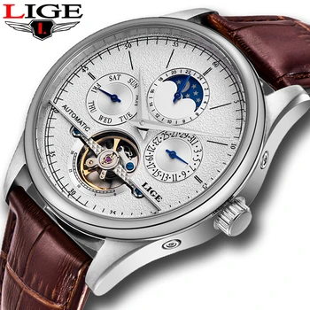 2020 LIGE Prekės ženklo Mados Silver Mens Mechaninis laikrodis Vyrams, Automatinis Tourbillon Laikrodžiai Atsitiktinis Odinis Sportinis Laikrodis Relojes Hombre