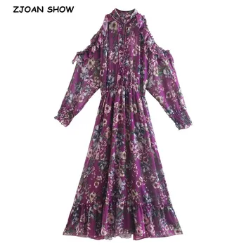 2020 m., Elegantiška Violetinė Gėlių Spausdinti Šifono Raukiniai, ilgomis rankovėmis Suknelę, Moteris Tuščiaviduriai Iš Peties Ranką Apykaklės Midi Ilgio Arbatos Suknelės